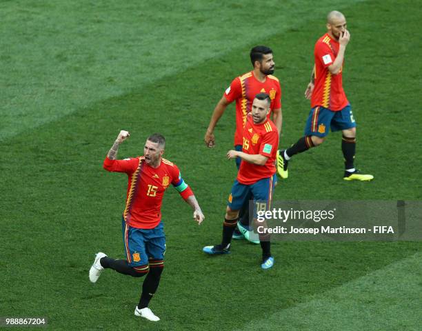 Sergio Ramos of Spain celebrates after Sergey Ignashevich of Russia scores an own goal for Spain's first goal during the 2018 FIFA World Cup Russia...