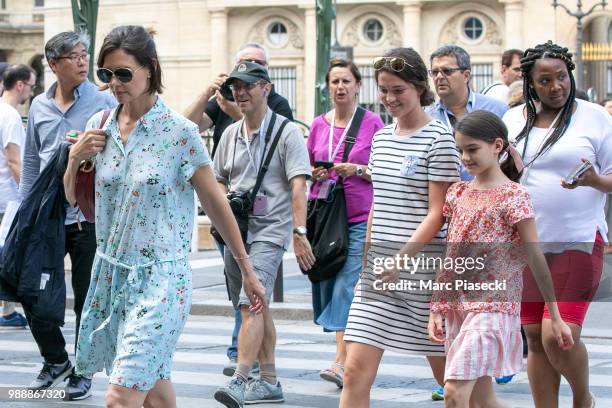 Actress Katie Holmes and daughter Suri Cruise are seen arriving at Louvre Museum on July 1, 2018 in Paris, France.