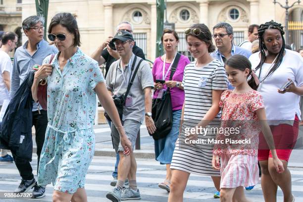 Actress Katie Holmes and daughter Suri Cruise are seen arriving at Louvre Museum on July 1, 2018 in Paris, France.