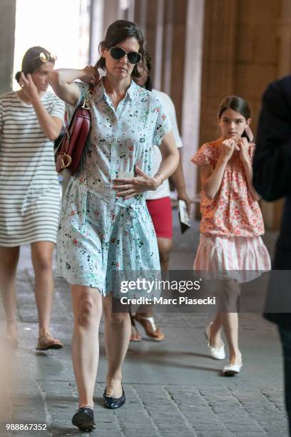 Actress Katie Holmes and daughter Suri Cruise are seen arriving at Louvre Museum on July 1, 2018 in Paris, France.