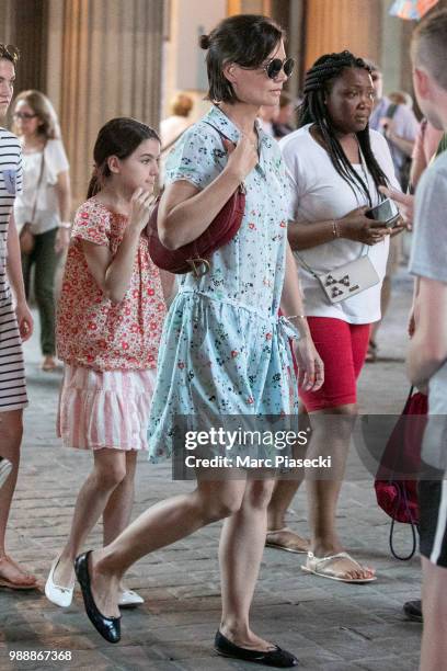 Actress Katie Holmes and daughter Suri Cruise are seen arriving at Louvre Museum on July 1, 2018 in Paris, France.