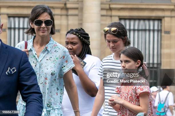 Actress Katie Holmes and daughter Suri Cruise are seen arriving at Louvre Museum on July 1, 2018 in Paris, France.