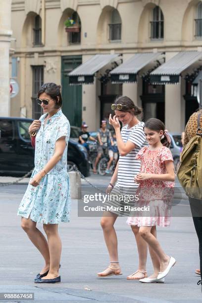 Actress Katie Holmes and daughter Suri Cruise are seen arriving at Louvre Museum on July 1, 2018 in Paris, France.