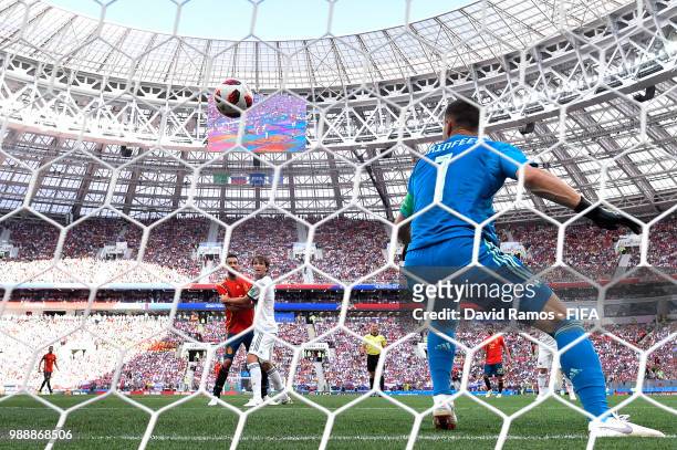 Igor Akinfeev of Russia watches teammate Sergey Ignashevich of Russia scoring an own goal to put Spain in front 1-0 during the 2018 FIFA World Cup...