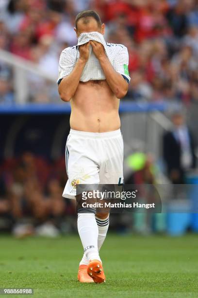 Sergey Ignashevich of Russia reacts during the 2018 FIFA World Cup Russia Round of 16 match between Spain and Russia at Luzhniki Stadium on July 1,...