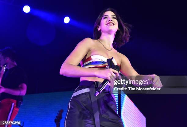 Dua Lipa performs during her "Self Titled Tour" at the Bill Graham Civic Auditorium on June 30, 2018 in San Francisco, California.