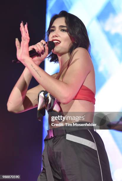 Dua Lipa performs during her "Self Titled Tour" at the Bill Graham Civic Auditorium on June 30, 2018 in San Francisco, California.