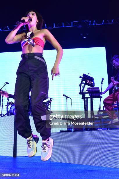 Dua Lipa performs during her "Self Titled Tour" at the Bill Graham Civic Auditorium on June 30, 2018 in San Francisco, California.