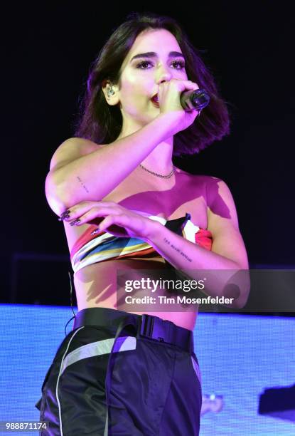 Dua Lipa performs during her "Self Titled Tour" at the Bill Graham Civic Auditorium on June 30, 2018 in San Francisco, California.