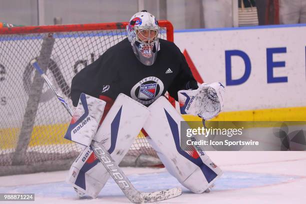 New York Rangers Goaltender Tyler Wall skates during the New York Rangers Prospect Development Camp on June 29, 2018 at the MSG Training Center in...