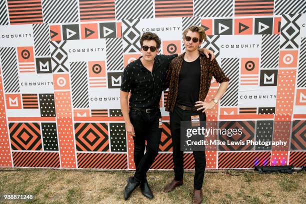 Kieran Shudall and Colin Jones of Circa Waves backstage at Finsbury Park on July 1, 2018 in London, England.