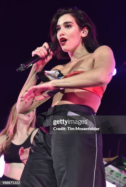 Dua Lipa performs during her "Self Titled Tour" at the Bill Graham Civic Auditorium on June 30, 2018 in San Francisco, California.