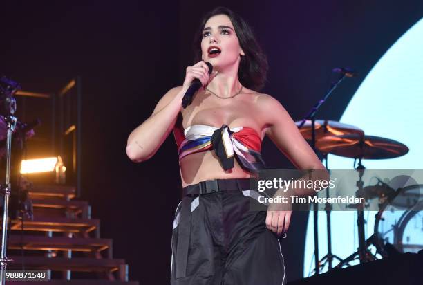 Dua Lipa performs during her "Self Titled Tour" at the Bill Graham Civic Auditorium on June 30, 2018 in San Francisco, California.