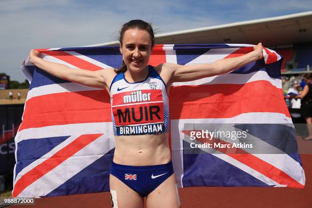 Laura Muir celebrates her win in the Women's 800m final during Day Two of the Muller British Athletics Championships at the Alexander Stadium on July...