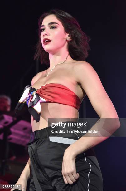 Dua Lipa performs during her "Self Titled Tour" at the Bill Graham Civic Auditorium on June 30, 2018 in San Francisco, California.