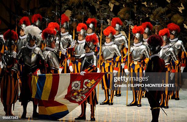 One of 31 Swiss guard swears-in on May 6, 2010 in Paul VI Hall at the Vatican. 31 Swiss guards were sworn-in on the anniversary of the sacking of...