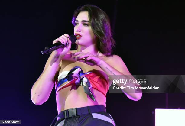 Dua Lipa performs during her "Self Titled Tour" at the Bill Graham Civic Auditorium on June 30, 2018 in San Francisco, California.