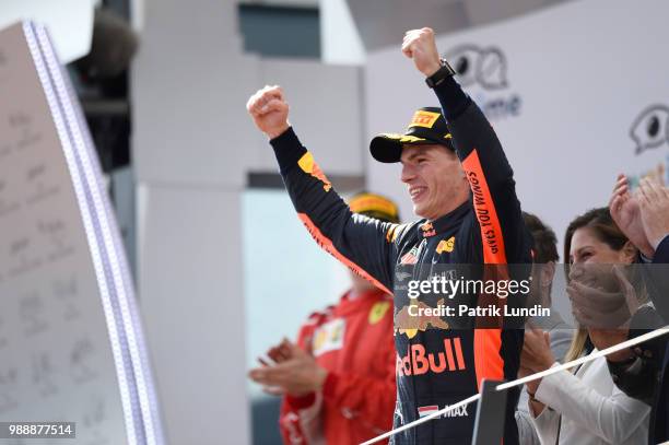 Race winner Max Verstappen of Netherlands and Red Bull Racing celebrates on the podium during the Formula One Grand Prix of Austria at Red Bull Ring...