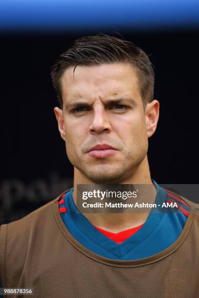 Cesar Azpilicueta of Spain looks on prior to the during the 2018 FIFA World Cup Russia Round of 16 match between Spain and Russia at Luzhniki Stadium...