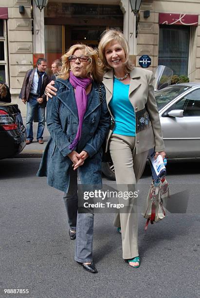 Nicoletta and Fabienne Amiach leave 'Les Salvadors de La Petanque' - Press Conference at Hotel Normandy on May 6, 2010 in Paris, France.