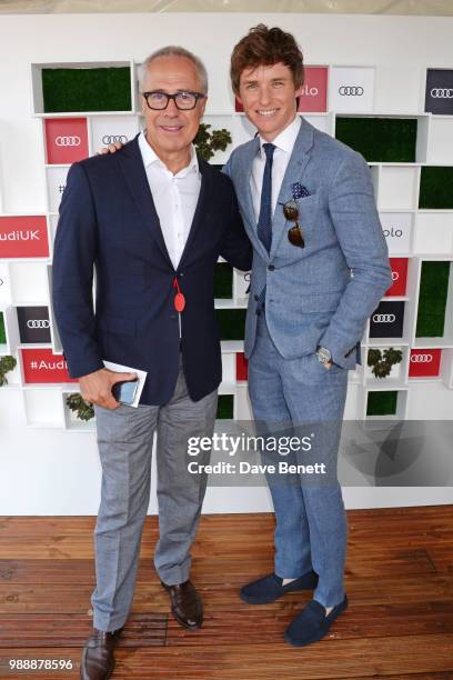 Jon Zammett, Audi UK Head of Public Relations, and Eddie Redmayne attend the Audi Polo Challenge at Coworth Park Polo Club on July 1, 2018 in Ascot,...