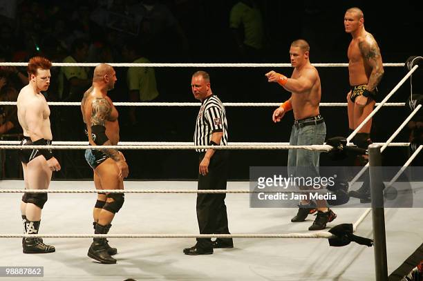 Wrestling fighters Sheamus, Batista, John Cena and Batista fight during the WWE RAW wrestling function on May 5, 2010 in Monterrey, Mexico.