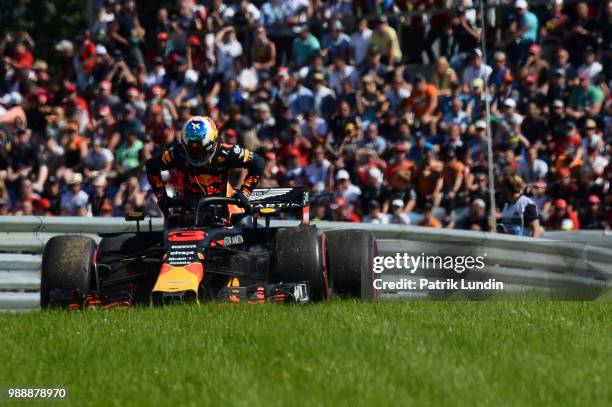 Daniel Ricciardo of Australia and Red Bull Racing retires from the race during the Formula One Grand Prix of Austria at Red Bull Ring on July 1, 2018...