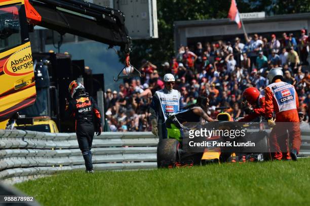 Daniel Ricciardo of Australia and Red Bull Racing retires from the race during the Formula One Grand Prix of Austria at Red Bull Ring on July 1, 2018...