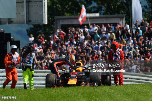 Daniel Ricciardo of Australia and Red Bull Racing retires from the race during the Formula One Grand Prix of Austria at Red Bull Ring on July 1, 2018...