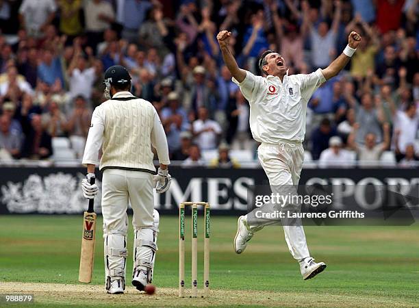 Andrew Caddick of England celebrates the wicket of Damien Martyn of Australia during the first day of the Npower Third Test match between England and...