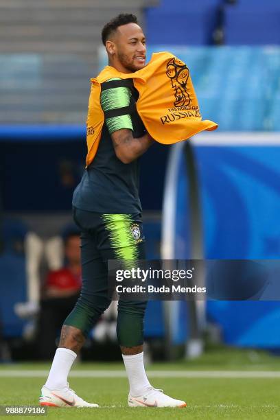 Neymar Jr in action during a Brazil training session ahead of the Round 16 match against Mexico at Samara Arena on July 1, 2018 in Samara, Russia.