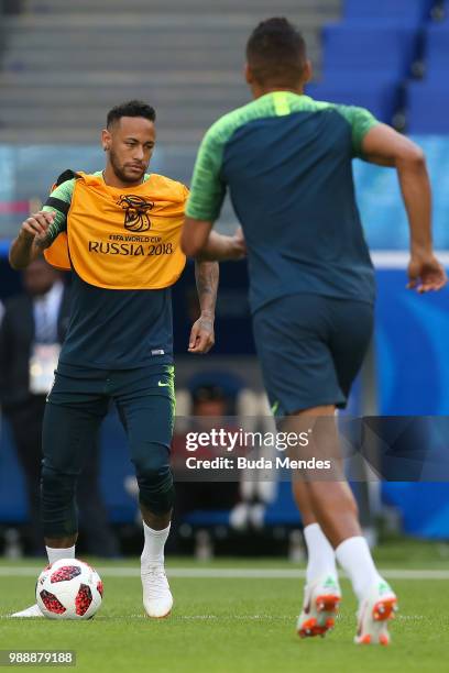 Neymar Jr controls the ball during a Brazil training session ahead of the Round 16 match against Mexico at Samara Arena on July 1, 2018 in Samara,...