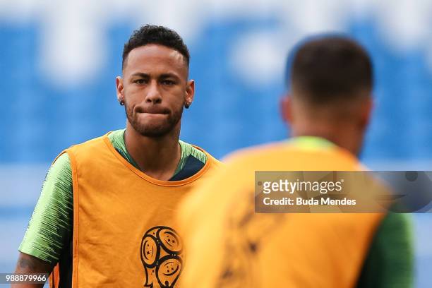 Neymar Jr looks on during a Brazil training session ahead of the Round 16 match against Mexico at Samara Arena on July 1, 2018 in Samara, Russia.