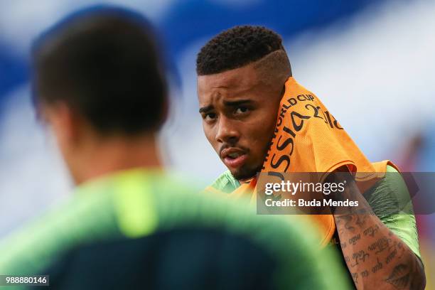 Gabriel Jesus reacts on during a Brazil training session ahead of the Round 16 match against Mexico at Samara Arena on July 1, 2018 in Samara, Russia.