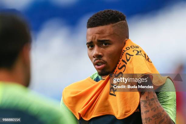 Gabriel Jesus reacts on during a Brazil training session ahead of the Round 16 match against Mexico at Samara Arena on July 1, 2018 in Samara, Russia.