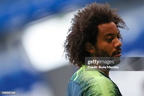 Marcelo looks on during a Brazil training session ahead of the Round 16 match against Mexico at Samara Arena on July 1, 2018 in Samara, Russia.