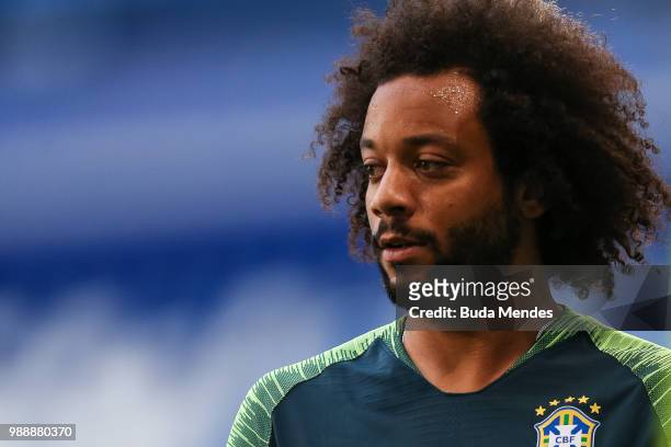 Marcelo looks on during a Brazil training session ahead of the Round 16 match against Mexico at Samara Arena on July 1, 2018 in Samara, Russia.