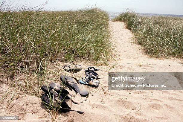 shoes on footpath (flip flops) - newhealth stock pictures, royalty-free photos & images