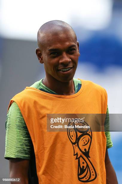 Fernandinho looks on during a Brazil training session ahead of the Round 16 match against Mexico at Samara Arena on July 1, 2018 in Samara, Russia.