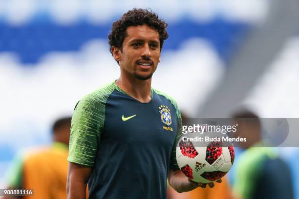Marquinho looks on during a Brazil training session ahead of the Round 16 match against Mexico at Samara Arena on July 1, 2018 in Samara, Russia.