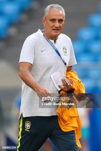 Head coach Tite looks on during a Brazil training session ahead of the Round 16 match against Mexico at Samara Arena on July 1, 2018 in Samara,...