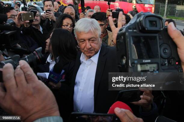 July 2018, Mexico, Mexiko City: Politician Andres Manuel Lopez Obrador , presidential candidate for the party Morena, speaking to journalists after...