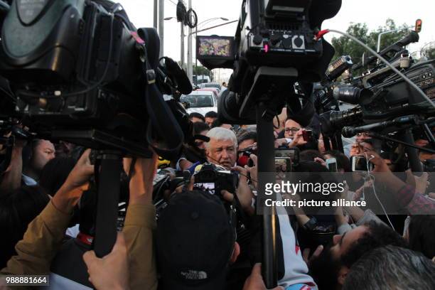 July 2018, Mexico, Mexiko City: Politician Andres Manuel Lopez Obrador , presidential candidate for the party Morena, speaking to journalists after...
