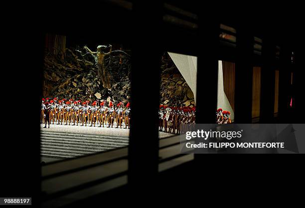 Swiss guards attend a swearing-in ceremony on May 6, 2010 in Paul VI Hall at the Vatican. 31 Swiss guards were sworn-in on the anniversary of the...