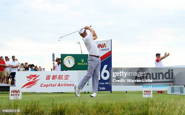 Justin Thomas of The USA hits his tee shot on the 16th hole during day four of the HNA Open de France at Le Golf National on July 1, 2018 in Paris,...