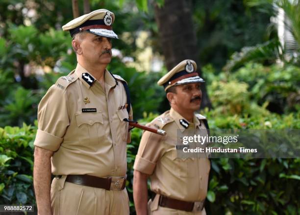 Mumbais new police chief Subodh Jaiswal sees off Padsalgikar, who took over as the new Maharashtra DGP, at Commissioner of Police office, on June 30,...