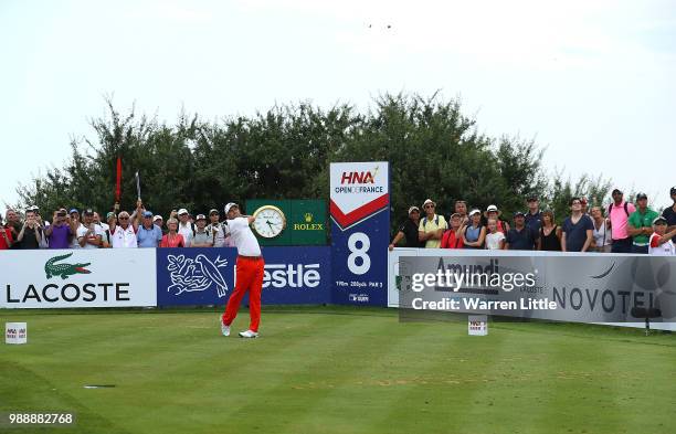 Sergio Garcia of Spain hits his tee shot on the 8th hole during day four of the HNA Open de France at Le Golf National on July 1, 2018 in Paris,...