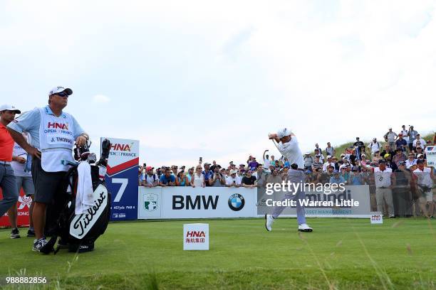 Justin Thomas of The USA hits his tee shot on the 7th hole during day four of the HNA Open de France at Le Golf National on July 1, 2018 in Paris,...