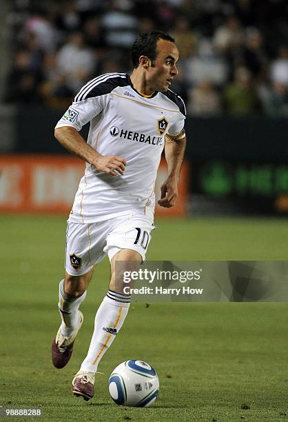 Landon Donovan of the Los Angeles Galaxy dribbles the ball up field against the Philadelphia Union during the game at the Home Depot Center on May 1,...