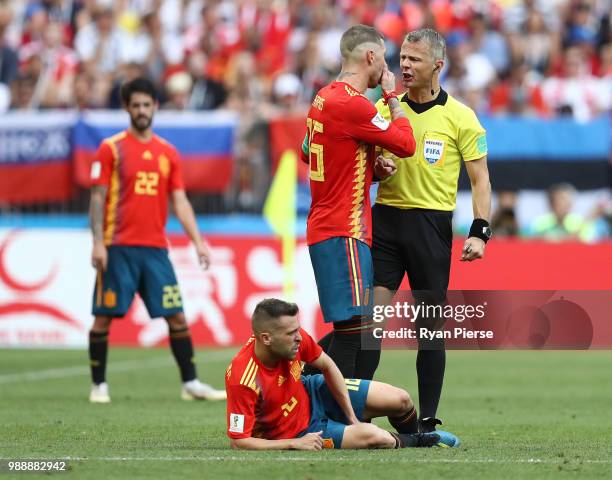 Sergio Ramos of Spain appeals to match referee, Björn Kuipers as Jordi Alba of Spain goes down during the 2018 FIFA World Cup Russia Round of 16...